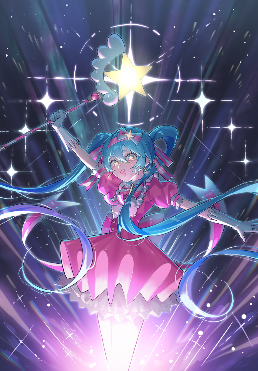 1girl, :d, absurdres, aqua_eyes, aqua_hair, arm_up, bow, bowtie