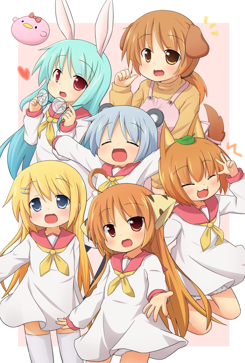 :3, ahoge, animal_ears, apron, blonde_hair, blue_eyes, blush, bow