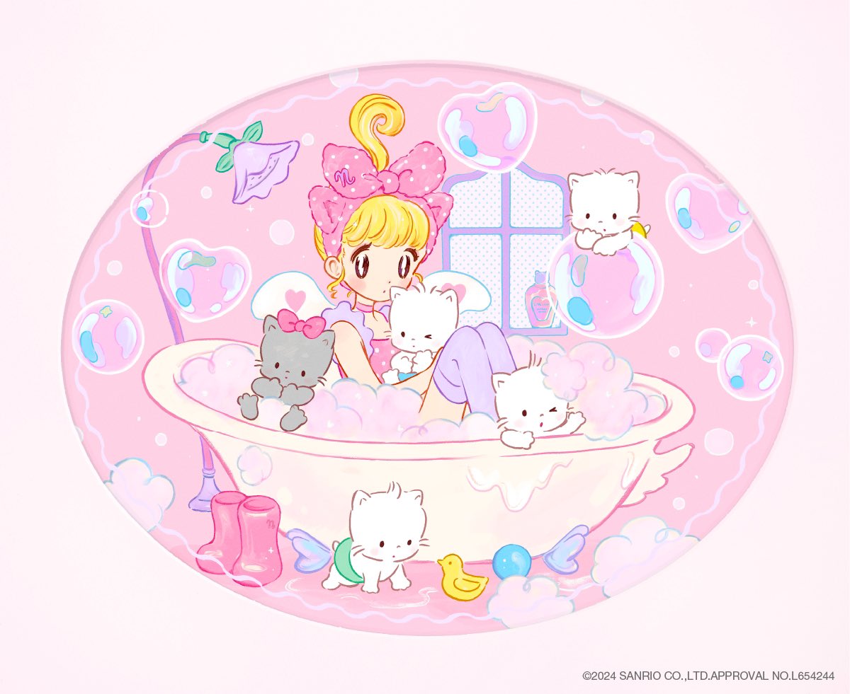 1girl, ahoge, animal, animal_ear_hairband, animal_ears, baby_animal, ball, bath, bathing, bathtub, black_eyes, blonde_hair, boots, bow, bow_hairband, bubble, camisole, cat, cat_ears, choker, closed_mouth, comcomblue, commentary, copyright_name, copyright_notice, diaper, dot_mouth, fake_animal_ears, grey_cat, grey_thighhighs, hairband, heart, heart_bubbles, holding, holding_animal, holding_cat, huge_ahoge, kitten, looking_at_viewer, nya_(sanrio), nye_(sanrio), nyi_(sanrio), nyon_(sanrio), nyu_(sanrio), official_art, on_bubble, one_eye_closed, pink_background, pink_boots, pink_bow, pink_camisole, pink_choker, pink_hairband, polka_dot_camisole, rubber_duck, sanrio, short_hair, shower_head, sitting, soap, soap_bottle, soap_bubbles, thigh-highs, whiskers, white_cat, white_wings, window, wings