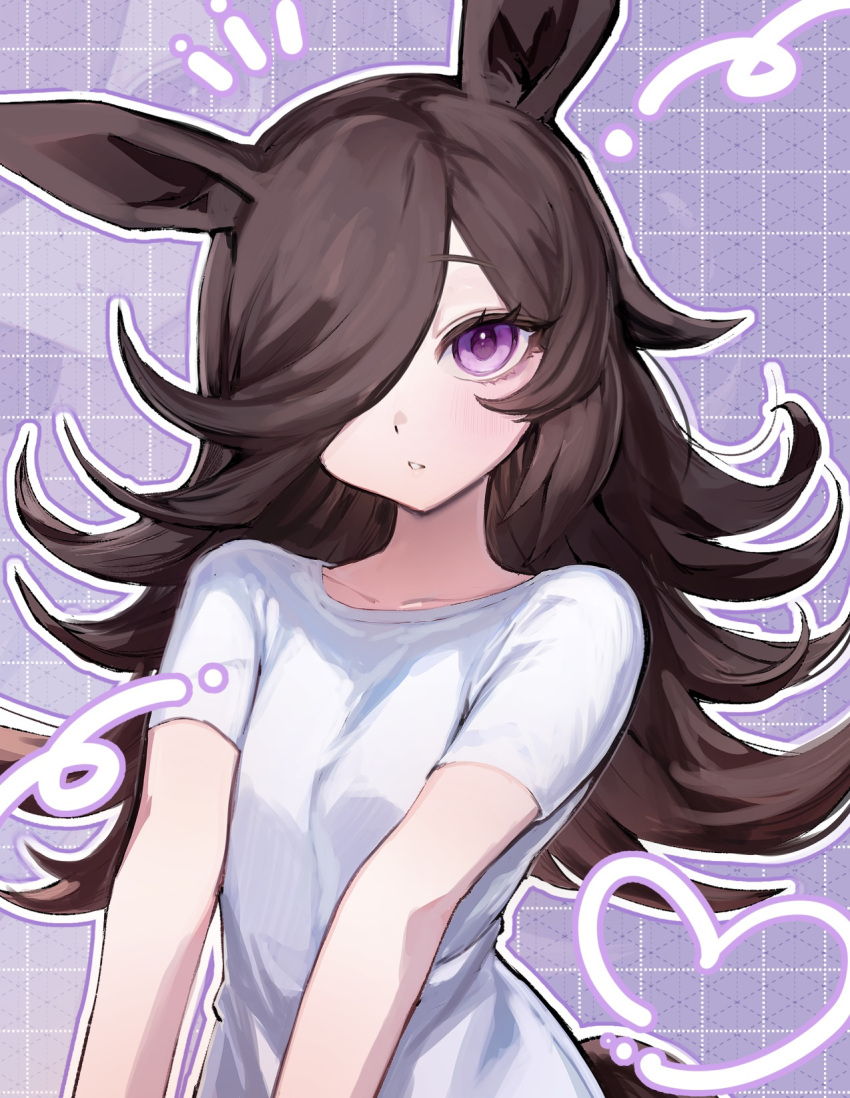 1girl, animal_ears, brown_hair, expressionless, flat_chest, hair_over_one_eye, highres, horse_ears