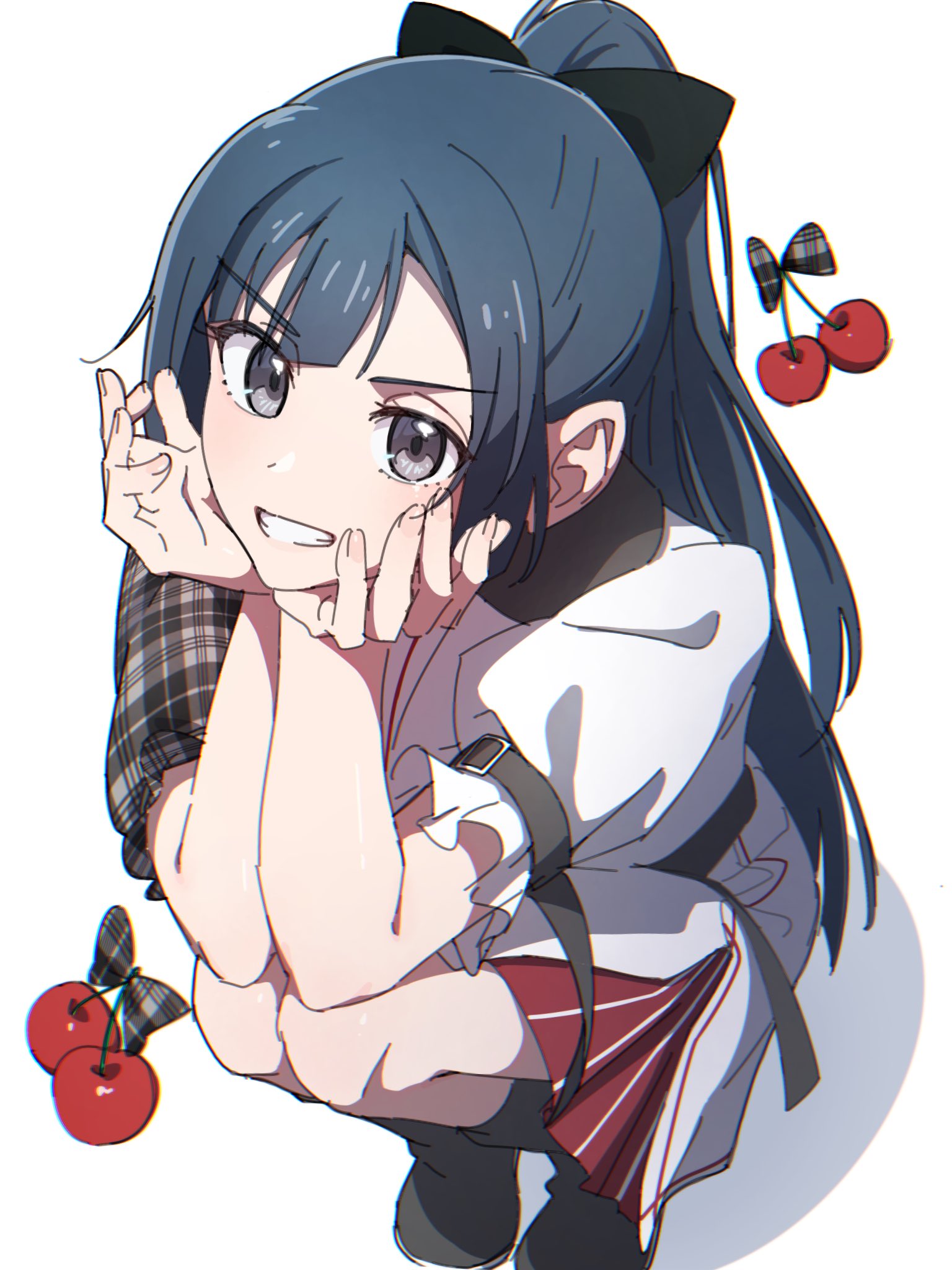 1girl, birthday, black_hair, cherry, cherry_bomb_(love_live!), commentary, food, fruit