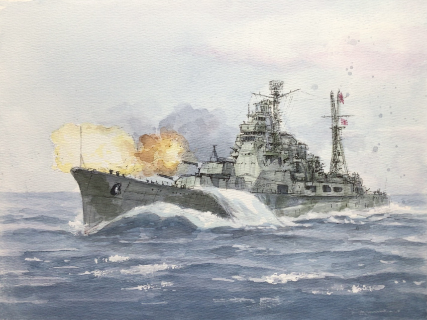 atelier_bono, clouds, cloudy_sky, commentary_request, cruiser, firing, heavy_cruiser, highres