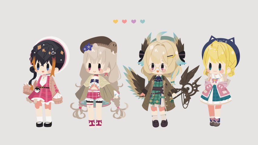 4girls, ahoge, animal_hat, aqua_eyes, aqua_hair, ascot, beret, black_hair