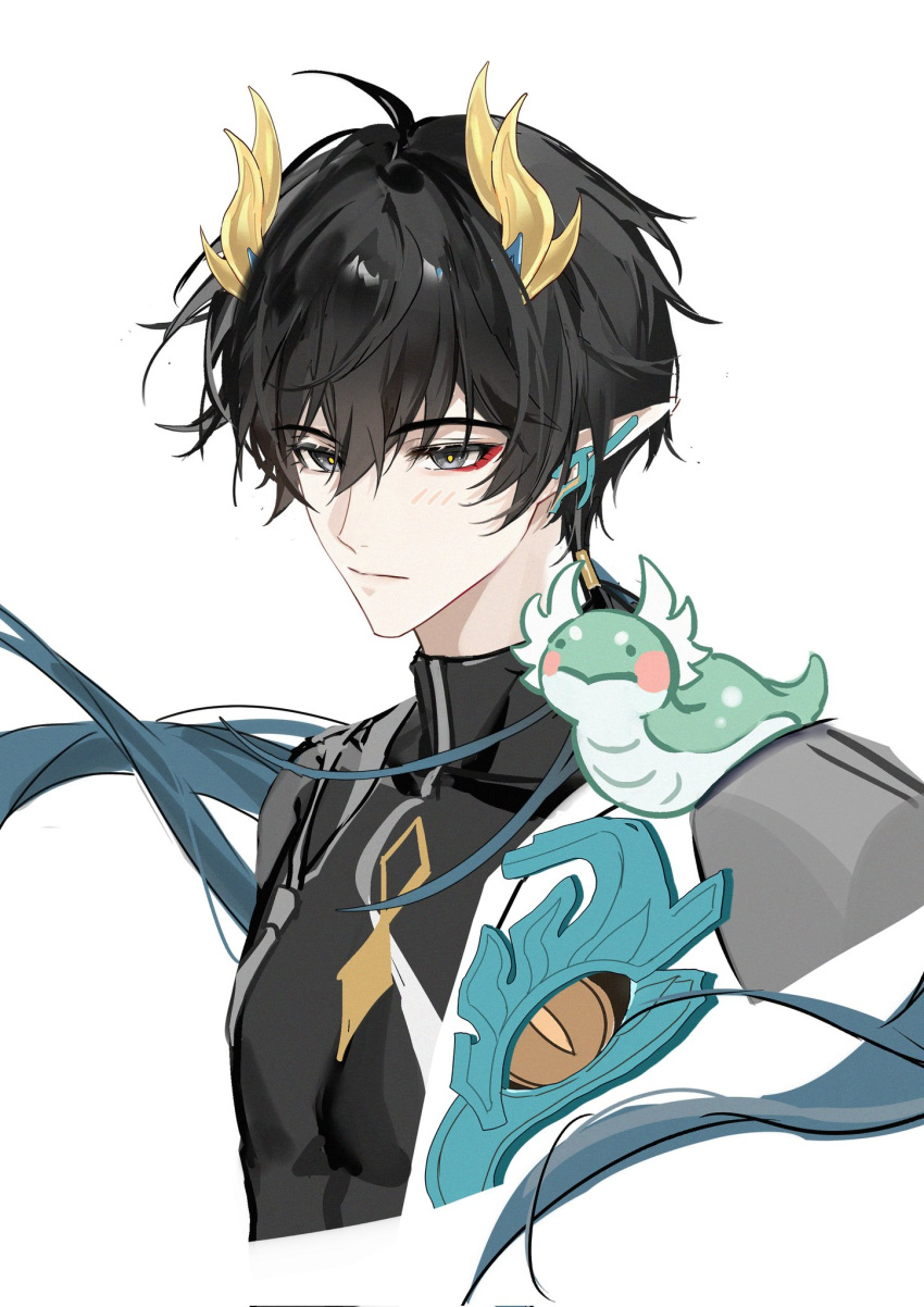 1boy, absurdly_long_hair, black_hair, black_shirt, chimera_(honkai:_star_rail), closed_mouth, commentary, cropped_torso