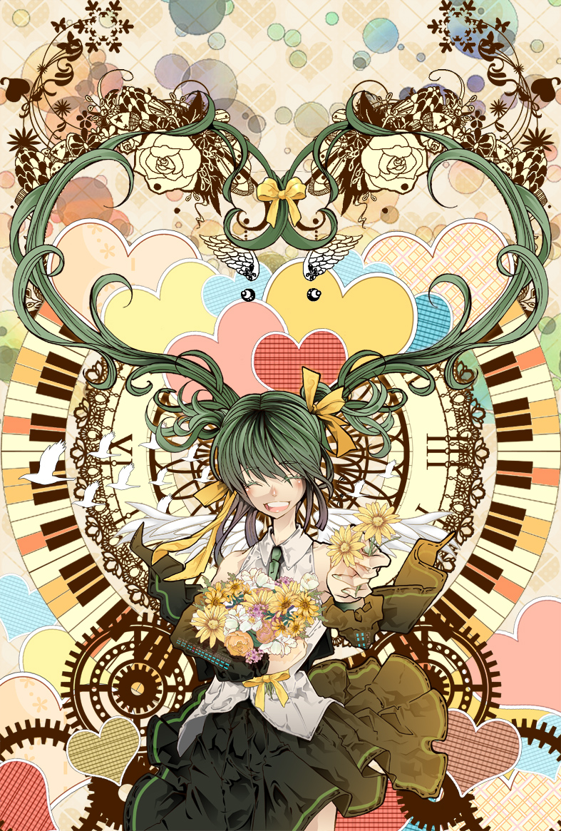 bird, bouquet, bridget00747, closed_eyes, detached_sleeves, eyes_closed, floating_hair, flower