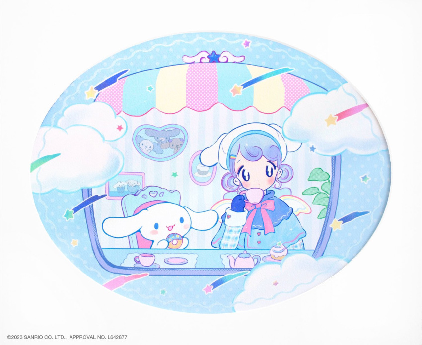 1girl, animal, animal_ear_headwear, animal_ears, awning, black_eyes, blue_background, blue_capelet, blue_hair, blue_mittens, cameo, capelet, cappuccino_(cinnamoroll), chair, chiffon_(cinnamoroll), cinnamoroll, clouds, comcomblue, commentary, copyright_name, copyright_notice, cup, cupcake, curly_hair, dog, dog_ears, double_bun, doughnut, drinking, espresso_(cinnamoroll), fake_animal_ears, food, from_outside, fuwa_fuwa_cinnamoroll, hair_bun, hair_ornament, hairclip, hand_up, hands_up, hat, highres, holding, holding_cup, holding_donut, holding_food, looking_outside, milk_(cinnamoroll), mittens, mocha_(cinnamoroll), official_art, open_mouth, photo_(object), picture_frame, plant, sanrio, saucer, shooting_star, short_hair, sitting, smile, solid_oval_eyes, star_(symbol), teacup, teapot, wallpaper_(object), white_hat, white_wings, window, wings