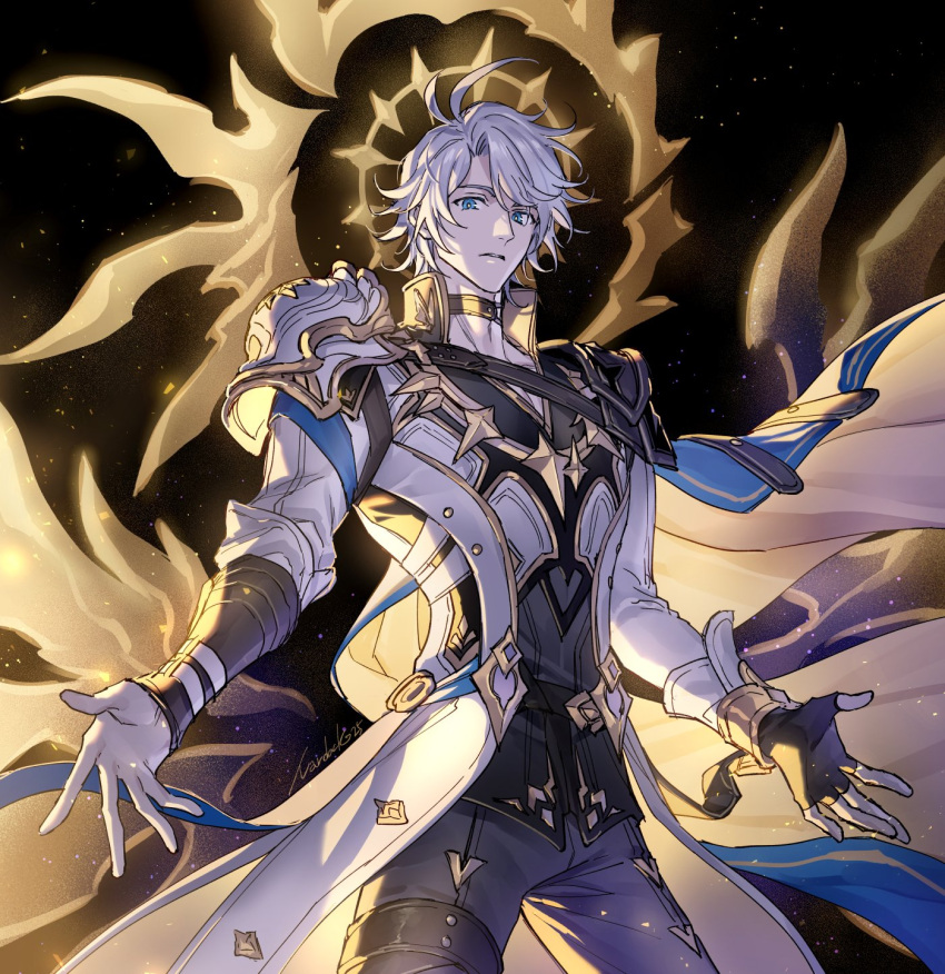 1boy, a-pose, antenna_hair, armor, belt, black_background, black_choker, black_gloves