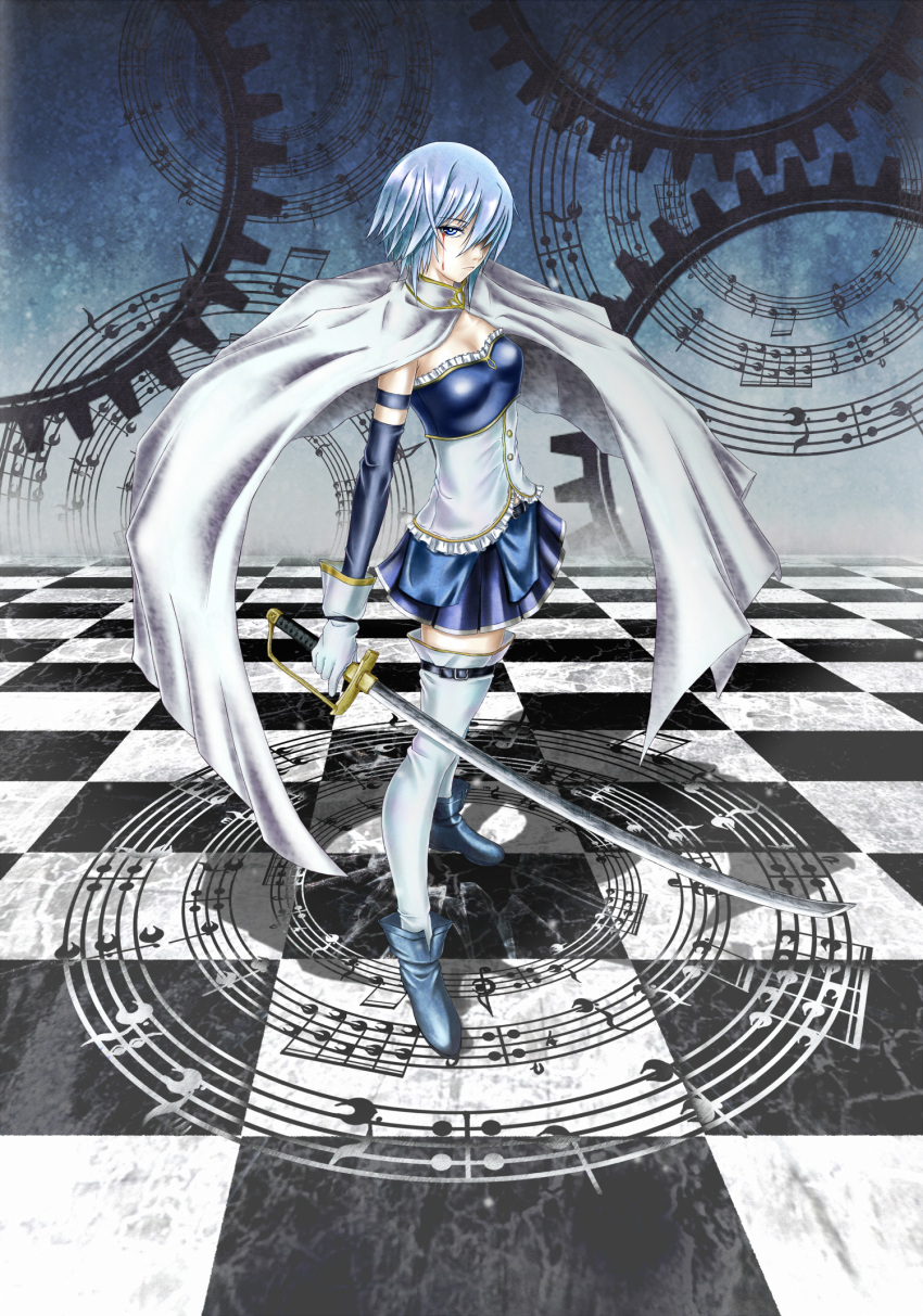 blood, bloody_tears, blue_eyes, blue_hair, cape, checkered, checkered_floor, gears, gloves, hair_over_one_eye, highres, magic_circle, magical_girl, mahou_shoujo_madoka_magica, miki_sayaka, musical_note, shadow, short_hair, solo, standing, sword, tears, testa421, thigh-highs, thighhighs, weapon, white_gloves, white_legwear, zettai_ryouiki
