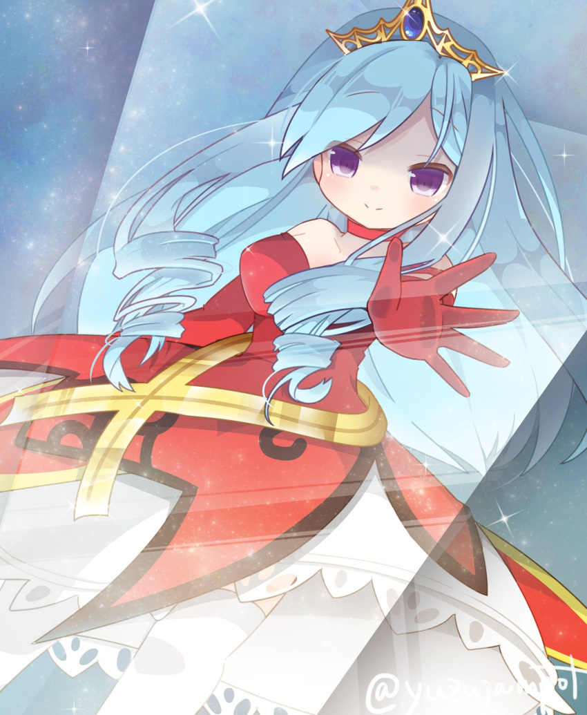 blue_hair, breasts, collar, dress, drill_hair, elbow_gloves, emil_chronicle_online, gloves, highres, large_breasts, long_hair, red_collar, red_dress, red_gloves, renet_(eco), strapless, strapless_dress, thigh-highs, tiara, twitter_username, violet_eyes, white_thighhighs, yuzujampot