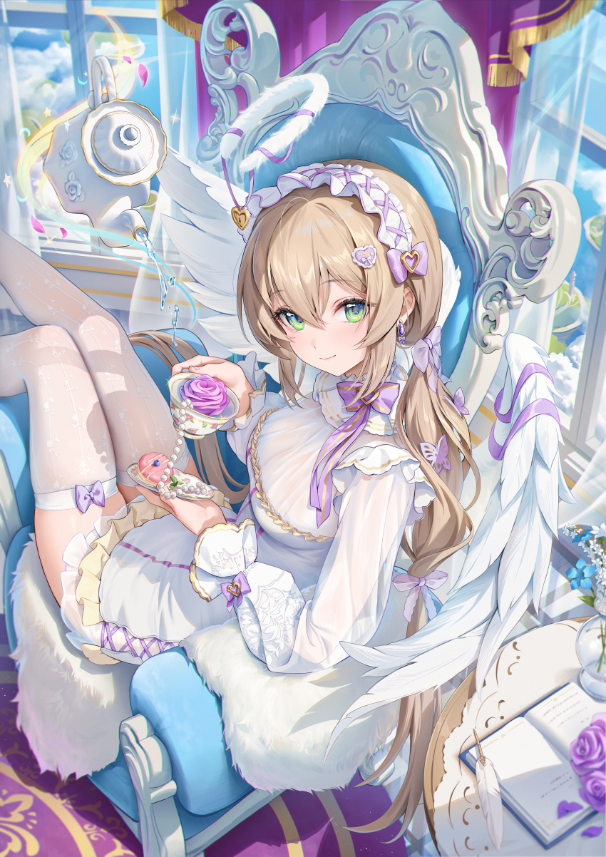 1girl, absurdres, angel_wings, belt, bow, bow_legwear, breasts, brown_hair