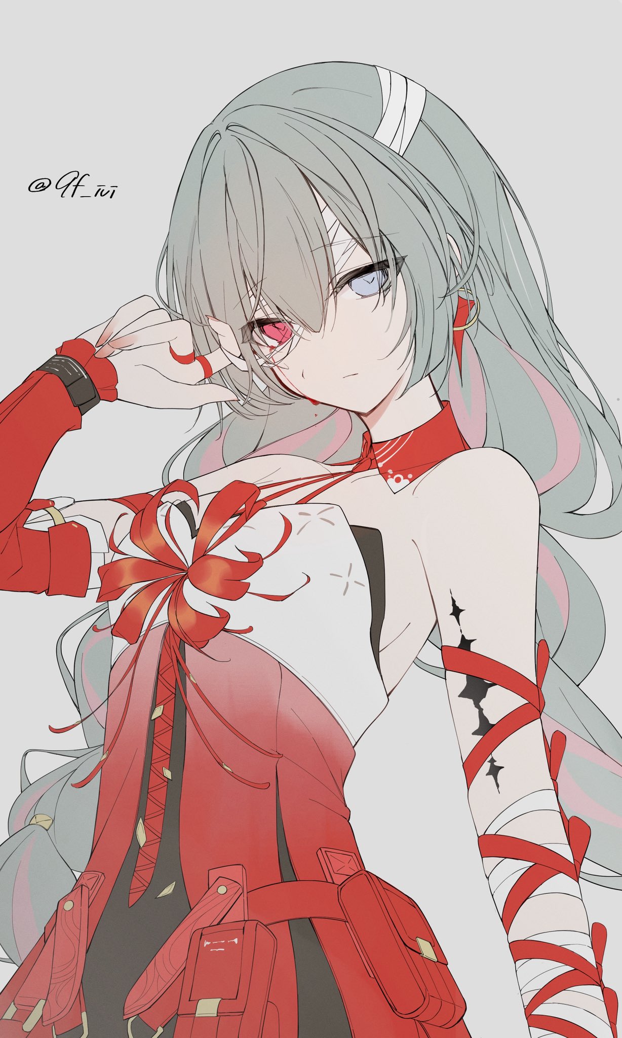 1girl, bandaged_arm, bandages, bare_shoulders, black_skirt, breasts, closed_mouth, detached_sleeves