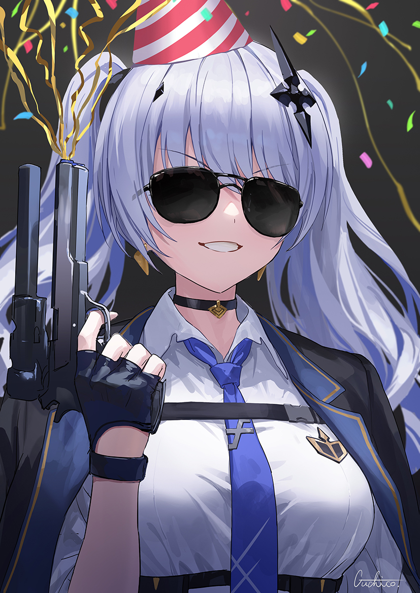 1girl, birthday, black_background, black_choker, black_gloves, black_jacket, blue_necktie, breasts
