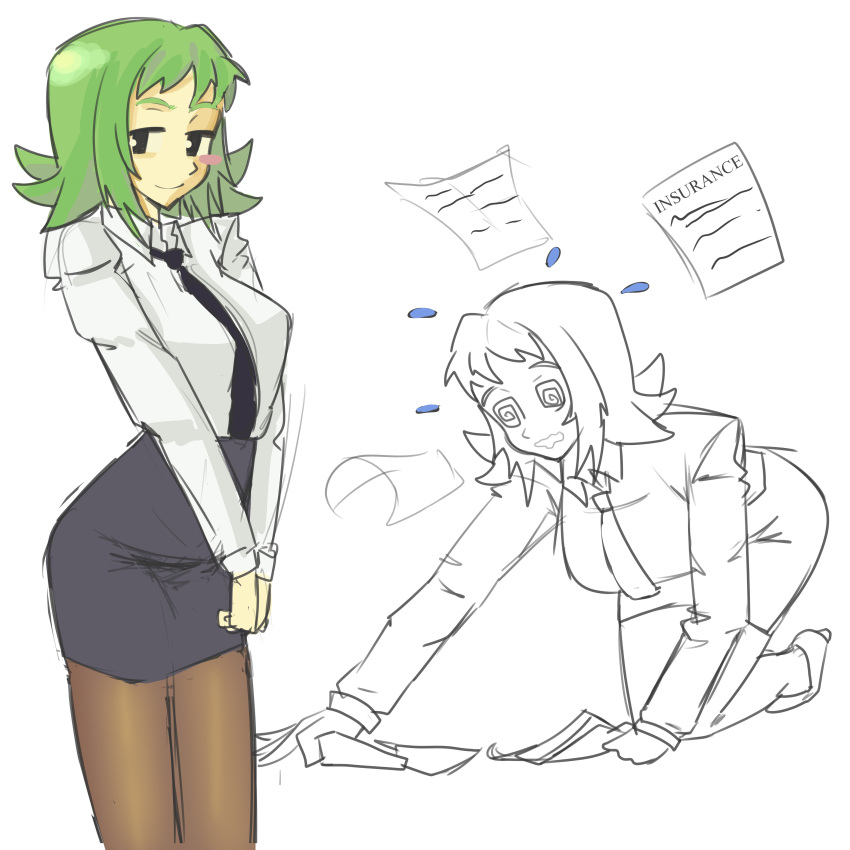 1girl, @_@, absurdres, black_necktie, black_skirt, green_eyes, green_hair, gumi, hatsuno, highres, messy_hair, miniskirt, necktie, office_lady, pantyhose, pencil_skirt, shirt, sketch, skirt, sweat, vocaloid, white_shirt