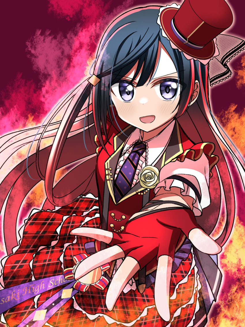 1girl, birthday, black_hair, blush, chase!_(love_live!), commentary, fingerless_gloves, fire
