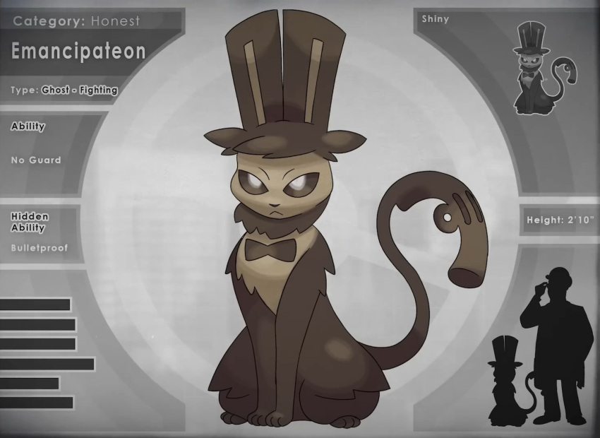 abraham_lincoln, character_name, closed_mouth, eevee, english_text, fakemon, full_body, fusion, harry_gold, hat, looking_at_viewer, parody, pokemon, pokemon_(creature), sitting, solo, top_hat