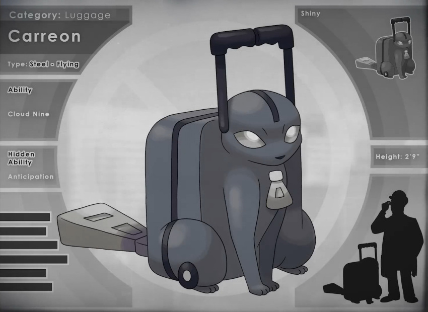 character_name, eevee, english_text, fakemon, full_body, fusion, harry_gold, looking_at_viewer, parody, pokemon, pokemon_(creature), rolling_suitcase, sitting, solo, suitcase