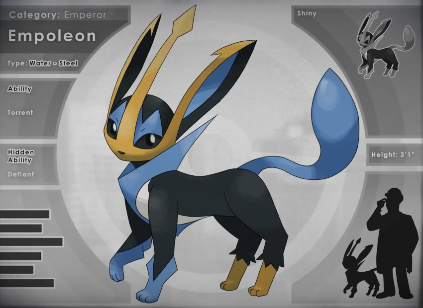 character_name, eevee, empoleon, english_text, fakemon, full_body, fusion, harry_gold, pokemon, pokemon_(creature), solo