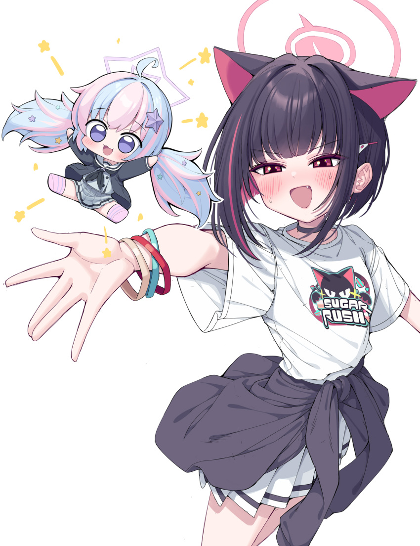2girls, :d, animal_ears, black_hair, blue_archive, blue_eyes, blue_hair, blush, bracelet, cat_ears, cat_girl, chibi, clothes_around_waist, extra_ears, fang, hair_ornament, hairclip, halo, highres, jacket, jacket_around_waist, jewelry, kazusa_(band)_(blue_archive), kazusa_(blue_archive), metaljelly, mini_person, minigirl, multicolored_hair, multiple_girls, official_alternate_costume, open_mouth, pink_hair, pink_halo, red_eyes, reisa_(blue_archive), shirt, short_hair, short_sleeves, simple_background, smile, star_halo, t-shirt, two-tone_hair, white_background, white_shirt