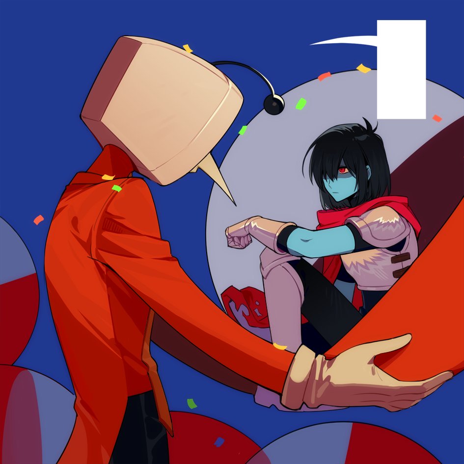 1boy, 1other, ant_tenna, antennae, armor, black_hair, black_pants, blue_background