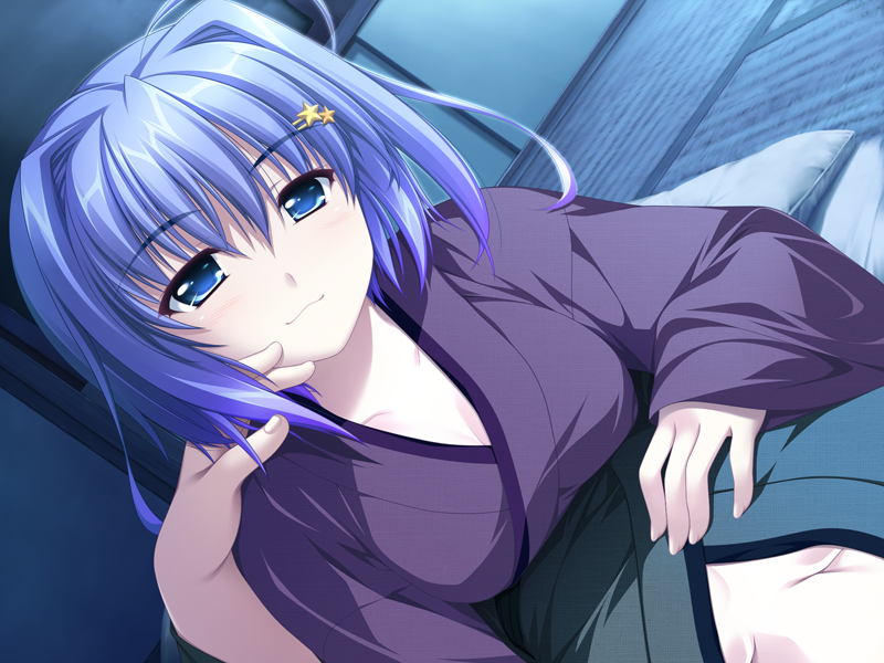1girl, :3, ahoge, alpha_(artist), aqua_eyes, blue_hair, dutch_angle, game_cg