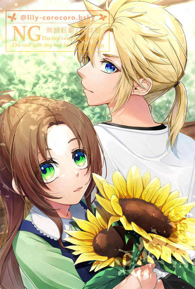 1boy, 1girl, aerith_gainsborough, aged_down, black_shirt, blonde_hair, blue_dress, blue_eyes