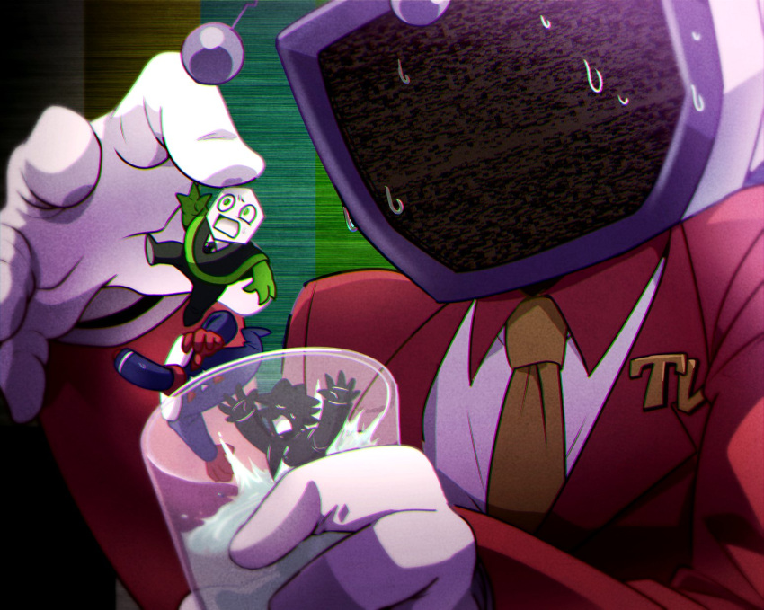 4boys, ant_tenna, antennae, black_jacket, black_necktie, black_pants, collared_shirt, crt, cup, deltarune, drinking_glass, gloves, green_eyes, green_pippins, highres, holding, holding_cup, jacket, male_focus, mini_person, miniboy, multiple_boys, necktie, object_head, pants, pippins_(deltarune), red_gloves, red_jacket, shadowguy_(deltarune), shirt, size_difference, small_sweatdrop, sweat, wanabougu, white_gloves, white_shirt, yellow_necktie, zapper_(deltarune)