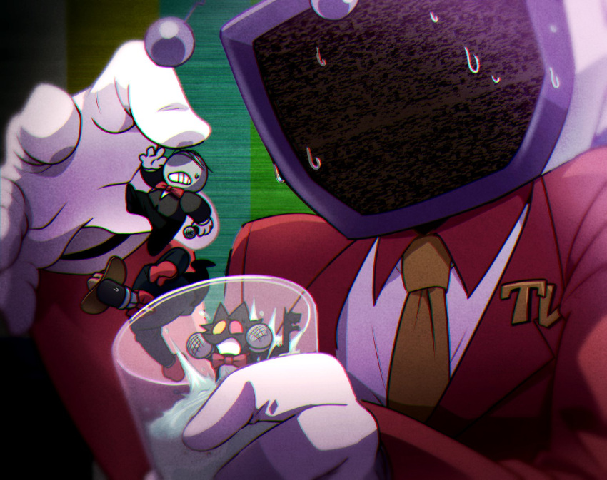 3boys, ant_tenna, antennae, black_jacket, black_pants, bow, bowtie, brown_hat, cat_boy, collared_shirt, cowboy_hat, crt, cup, deltarune, drinking_glass, gloves, hat, heterochromia, highres, holding, holding_cup, holding_microphone, jacket, male_focus, microphone, mini_person, miniboy, multiple_boys, necktie, object_head, pants, red_bow, red_bowtie, red_gloves, red_jacket, shadowguy_(deltarune), shirt, size_difference, small_mike_(deltarune), small_sweatdrop, sweat, wanabougu, white_gloves, white_shirt, yellow_necktie, zapper_(deltarune)