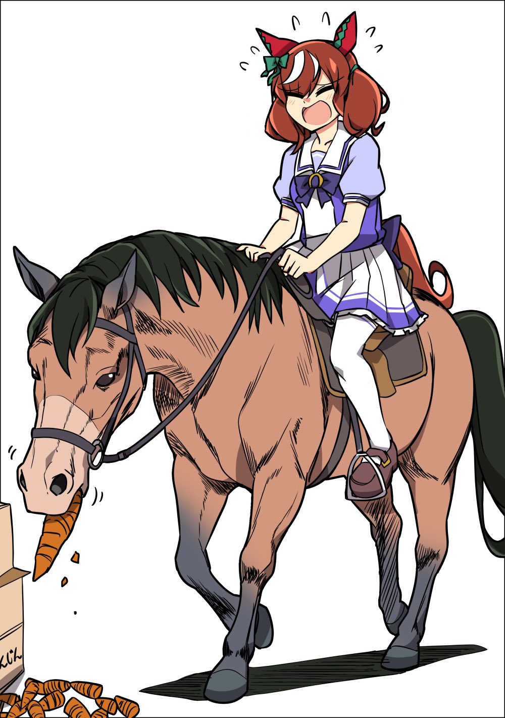 1girl, angry, animal, animal_ears, bow, brown_hair, carrot, closed_eyes, creature_and_personification, eating, flying_sweatdrops, hair_bow, highres, horse, horse_ears, horse_tail, horseback_riding, horseshoe_ornament, multicolored_hair, neckerchief, nice_nature_(racehorse), nice_nature_(umamusume), personification, pleated_skirt, purple_neckerchief, purple_skirt, riding, school_uniform, skirt, streaked_hair, tail, thigh-highs, tracen_school_uniform, twintails, umamusume, wahiko_(black_bastard), white_background, white_thighhighs