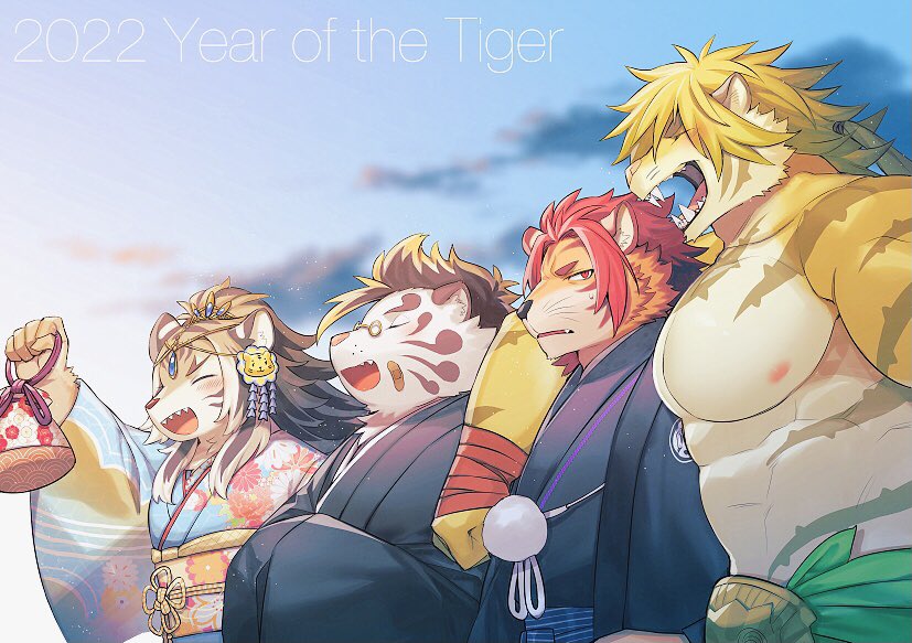 1girl, 2022, 4boys, bandaid, black_kimono, blonde_hair, blue_kimono, chinese_zodiac