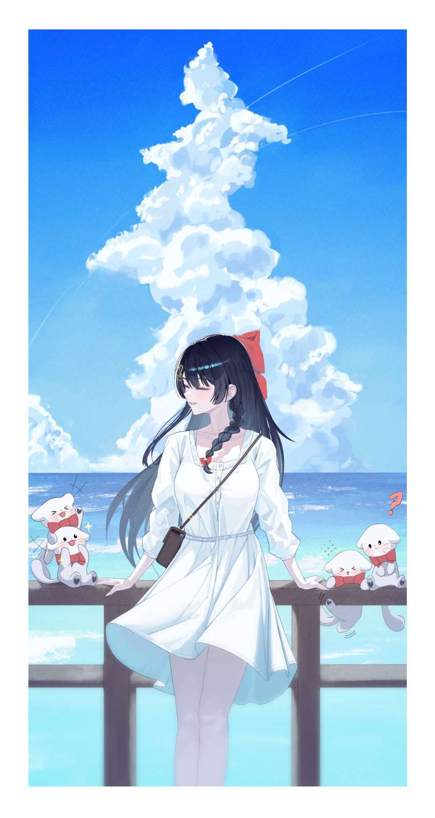 1girl, against_railing, bag, black_hair, blue_sky, border, bow, braid