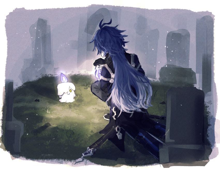1boy, arm_up, black_coat, black_gloves, blue_hair, coat, crossover, fire
