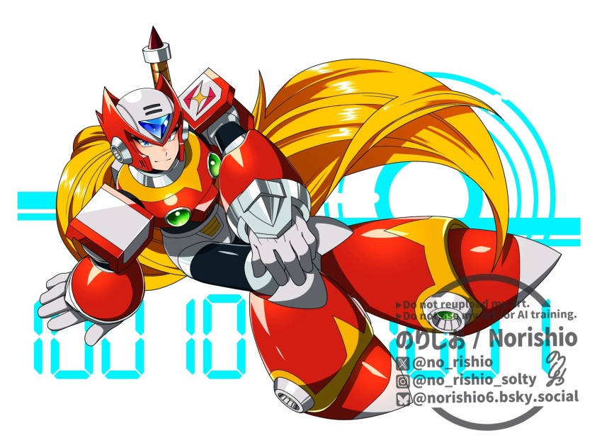 1boy, armor, blonde_hair, blue_eyes, chest_jewel, forehead_jewel, full_body, helmet, highres, long_hair, male_focus, mega_man_(series), mega_man_x_(series), no-rishio, red_armor, red_helmet, simple_background, sitting, solo, watermark, white_background, zero_(mega_man)