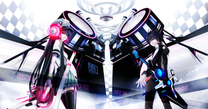 black_legwear, blue_eyes, checkered, from_behind, gloves, hat, headphones, katana