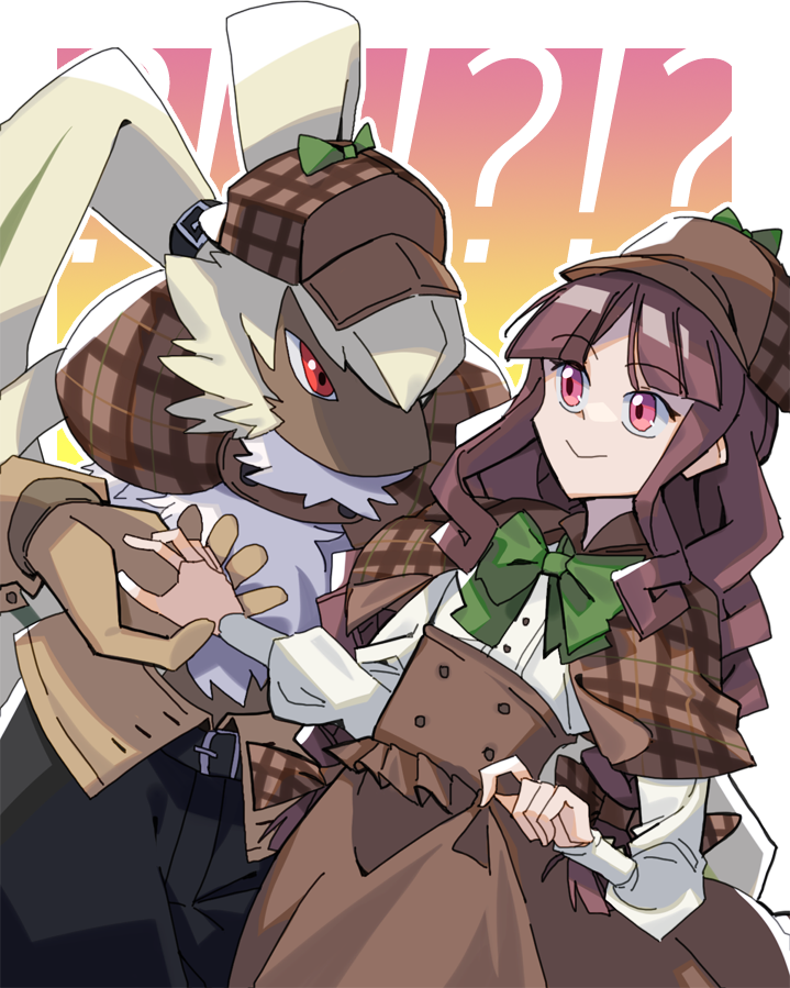 1boy, 1girl, body_fur, bow, bowtie, brown_capelet, brown_gloves, brown_hair