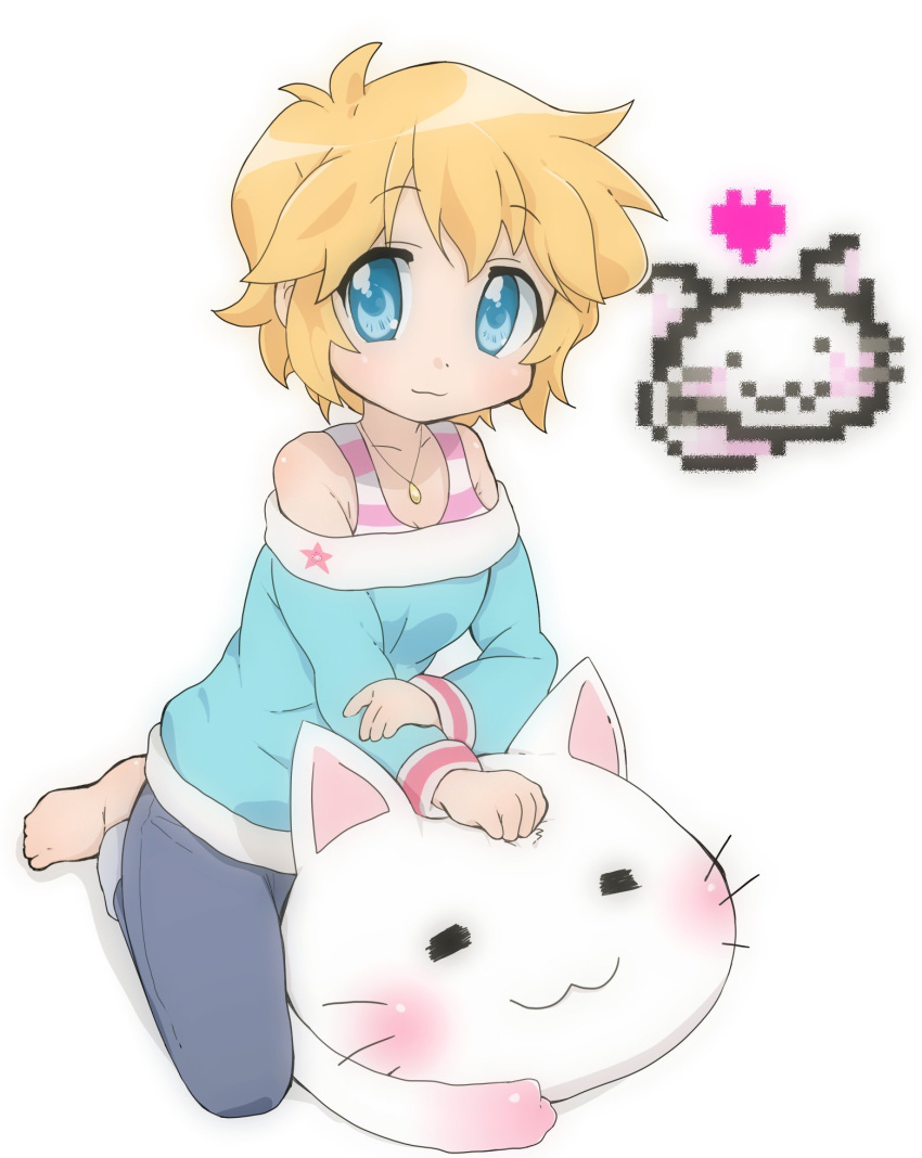 1girl, :3, blonde_hair, blue_eyes, blue_shirt, breasts, cacctus32, cat