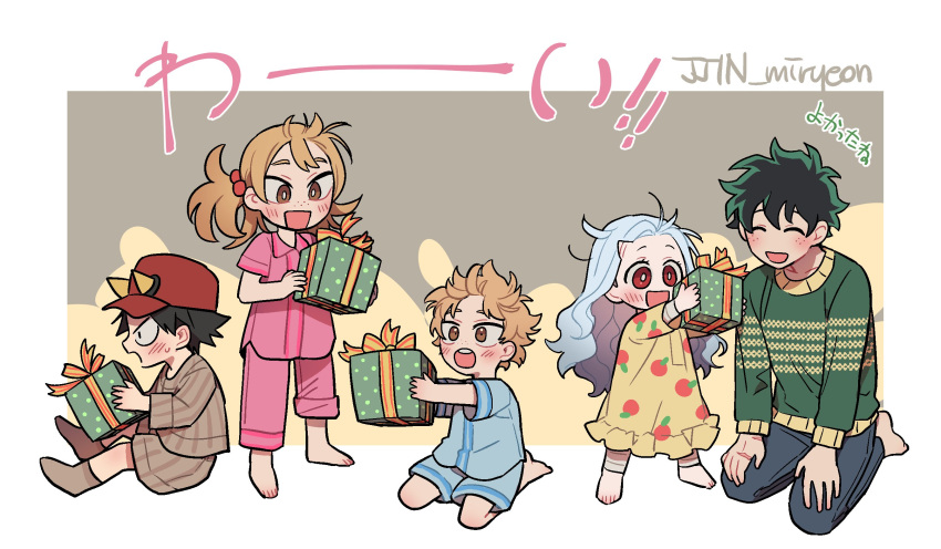 2girls, 3boys, barefoot, black_hair, blue_pajamas, boku_no_hero_academia, border, brown_hair, brown_pajamas, child, eri_(boku_no_hero_academia), freckles, gift, green_hair, green_sweater, hair_bobbles, hair_ornament, highres, holding, holding_gift, horned_hat, horns, izumi_kota, kneeling, midoriya_izuku, misa_(jjin_miryeon), multiple_boys, multiple_girls, nightgown, open_mouth, pajamas, pink_pajamas, shimano_katsuma, shimano_mahoro, skin-covered_horns, sweater, translation_request, white_border