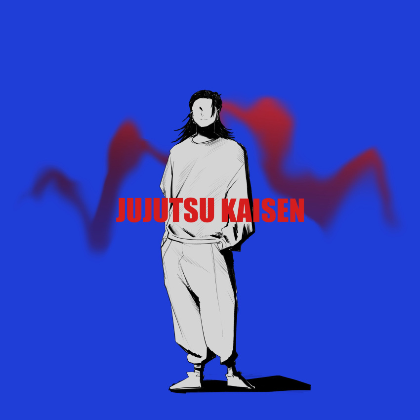 1boy, absurdres, black_hair, blue_background, copyright_name, english_text, faceless, full_body, getou_suguru, getou_suguru_(kenjaku), hands_in_pockets, highres, jujutsu_kaisen, limited_palette, long_hair, messy_hair, one_side_up, pants, sagga_sansam7, shirt, solo, standing