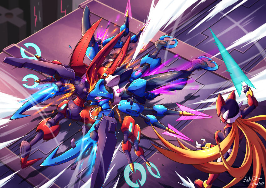 1boy, absurdres, armor, battle, blonde_hair, blue_armor, bug, dated