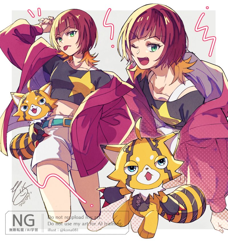 1girl, animate_object, black_shirt, brown_hair, closed_mouth, cowboy_shot, digimon, digimon_(creature)