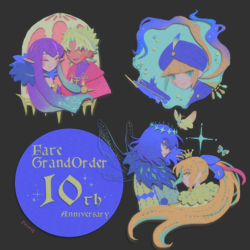 2girls, 3boys, :d, :o, ;), absurdres, amakusa_shirou_(fate), anniversary, artist_name, artoria_caster_(fate), artoria_caster_(third_ascension)_(fate), artoria_pendragon_(fate), blonde_hair, blue_bow, blue_eyes, blue_hair, blue_hairband, blunt_bangs, bow, bug, butterfly, captain_nemo_(fate), captain_nemo_(second_ascension)_(fate), closed_mouth, commentary_request, copyright_name, crown, dark-skinned_male, dark_skin, diamond_hairband, fate/grand_order, fate_(series), floating_hair, gradient_hair, green_eyes, hair_bow, hairband, highres, insect_wings, long_hair, looking_at_viewer, low_twintails, mini_crown, multicolored_hair, multiple_boys, multiple_girls, nemo_(fate), oberon_(fate), oberon_(third_ascension)_(fate), one_eye_closed, open_mouth, pazet0, pointy_ears, ponytail, purple_hair, semiramis_(fate), ship, short_hair, smile, sparkle, twintails, very_long_hair, watercraft, white_hair, wings