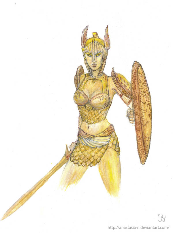 1girl, anastasia-n, armor, black_sclera, boobplate, clawed_gauntlets, colored_pencil_(medium), colored_sclera