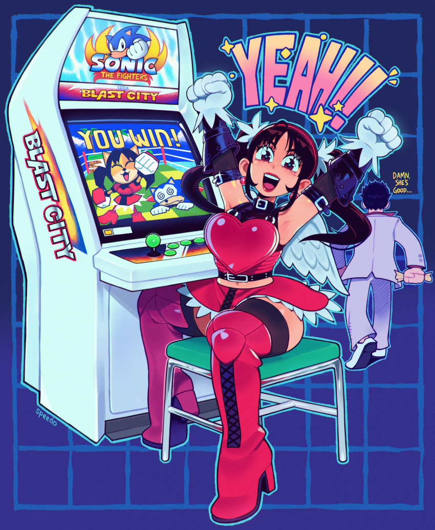 1boy, 1girl, absurdres, after_battle, arcade_cabinet, arms_up, boots, company_connection