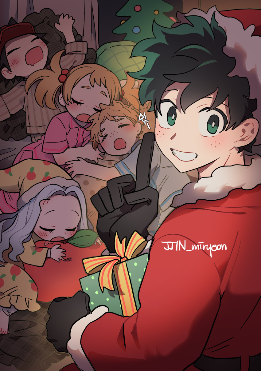 2girls, 3boys, absurdres, apple, apple_print, black_gloves, blue_pajamas, boku_no_hero_academia, child, christmas, christmas_tree, commentary, cone_horns, drooling, eri_(boku_no_hero_academia), eyelashes, food, food_print, freckles, fruit, fruit_print, gift, gloves, green_eyes, grin, hair_bobbles, hair_ornament, hat, highres, holding, holding_gift, horns, index_finger_raised, izumi_kota, midoriya_izuku, misa_(jjin_miryeon), mouth_drool, multiple_boys, multiple_girls, nightgown, open_mouth, pajamas, pink_pajamas, santa_costume, santa_hat, shimano_katsuma, shimano_mahoro, skin-covered_horns, sleeping, smile, snoring, striped_clothes, striped_pajamas, symbol-only_commentary, twintails