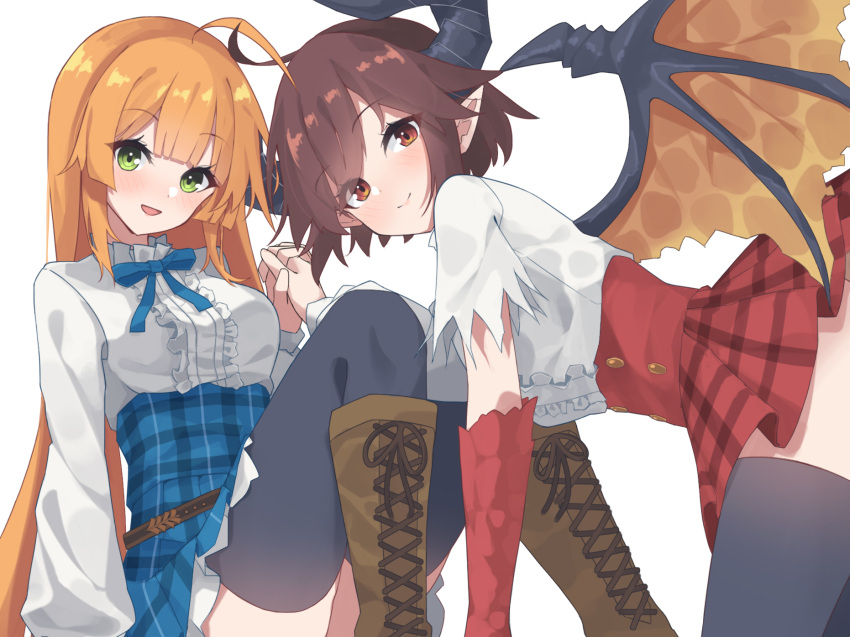 2girls, ahoge, anne_(shingeki_no_bahamut), black_thighhighs, blue_bow, blue_skirt, boots, bow