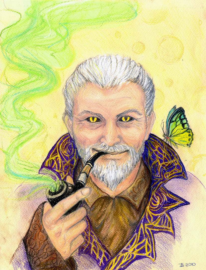 1boy, anastasia-n, beard, black_sclera, bubble, bug, butterfly, colored_pencil_(medium), colored_sclera, facial_hair, holding, holding_smoking_pipe, jacket, looking_at_viewer, old, old_man, portrait, purple_jacket, sheogorath, shirt, slit_pupils, smile, smoking, smoking_pipe, the_elder_scrolls, the_elder_scrolls_iv:_oblivion, traditional_media, white_hair, yellow_background, yellow_eyes, yellow_shirt
