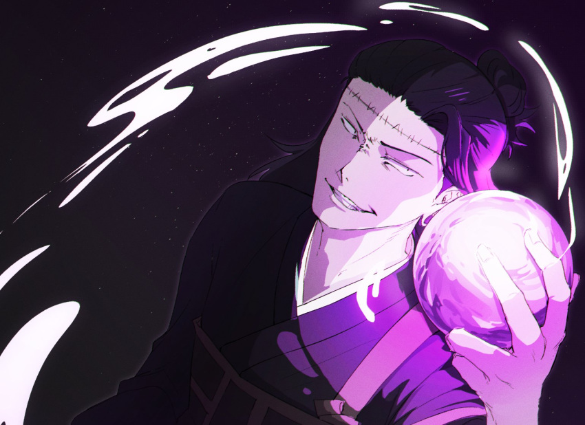 1boy, black_hair, black_kimono, clenched_teeth, commentary_request, constricted_pupils, getou_suguru, getou_suguru_(kenjaku), glowing, hair_slicked_back, holding_orb, japanese_clothes, jujutsu_kaisen, kimono, korean_commentary, male_focus, narrowed_eyes, one_side_up, purple_theme, sagga_sansam7, solo, stitched_face, stitches, strap, teeth