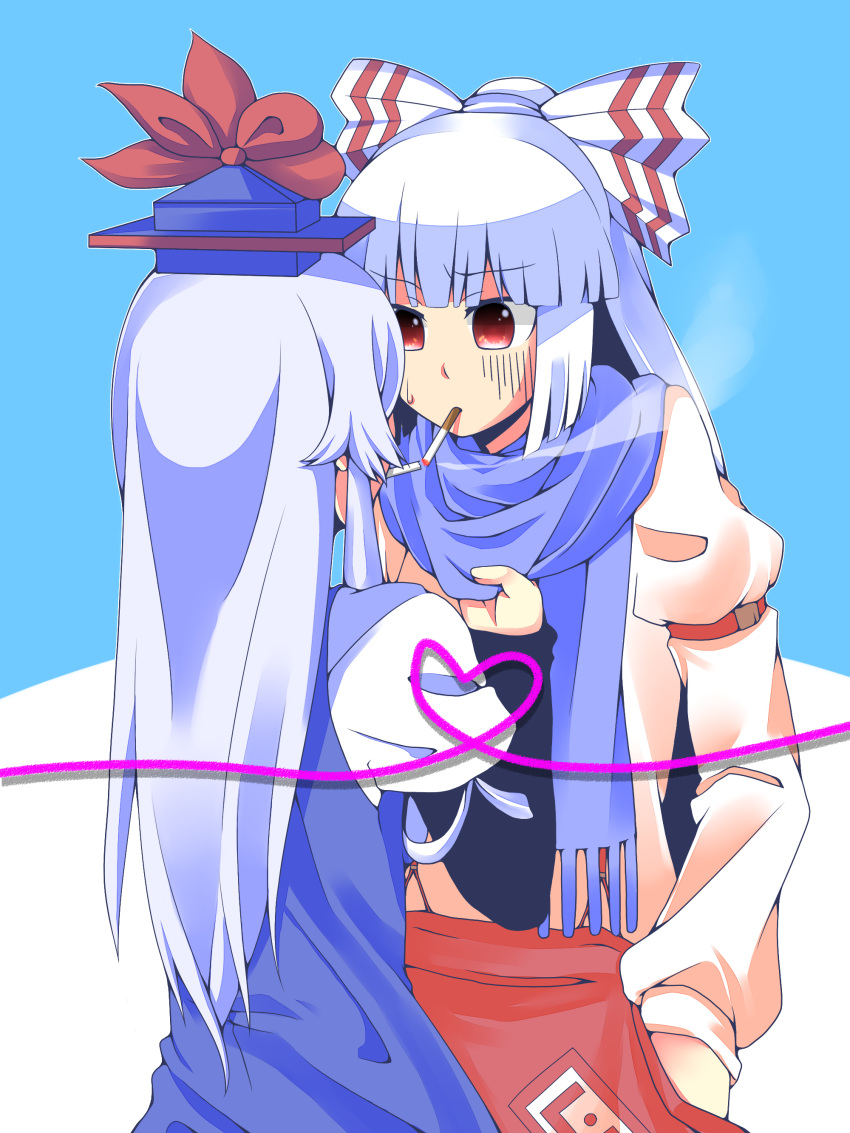 absurdres, cigarette, clothes_grab, from_behind, fujiwara_no_mokou, highres, kagami_reido, kamishirasawa_keine