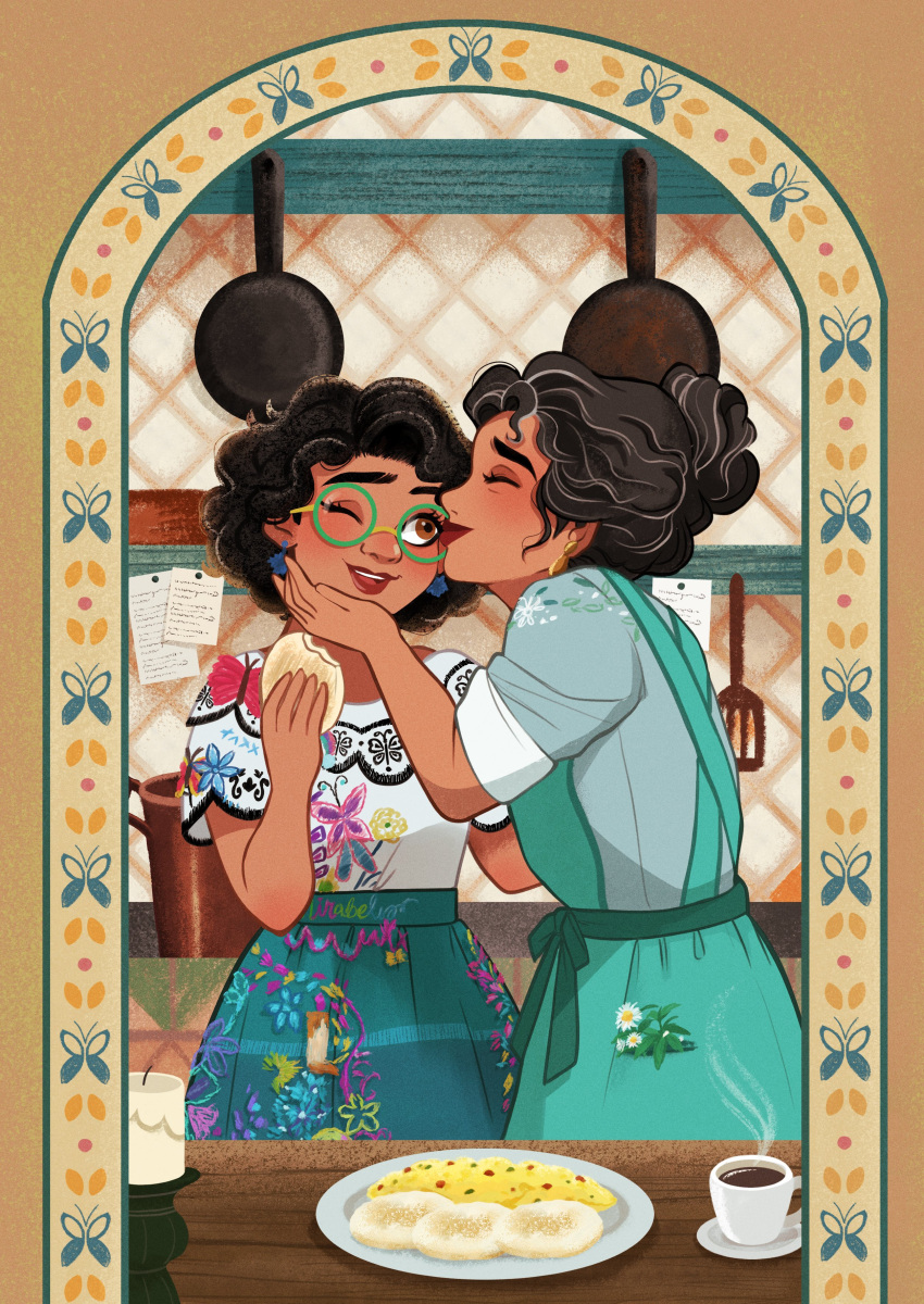 2girls, absurdres, colombian_clothes, curly_hair, dark-skinned_female, dark_skin, dress, earrings