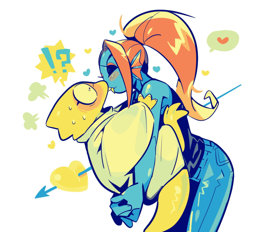 !?, 2girls, alphys, arrow_through_heart, blue_pants, blue_skin, closed_eyes, colored_skin