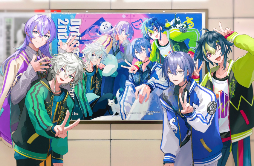 4boys, :d, ;d, ad, antenna_hair, black_choker, black_hair, black_jacket